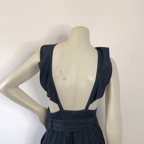 JOIE Ruffle Sleeve Backless Tie Waist Wide‎ Leg Denim Jumpsuit w/ Pockets Sz 4 - Picture 9 of 13